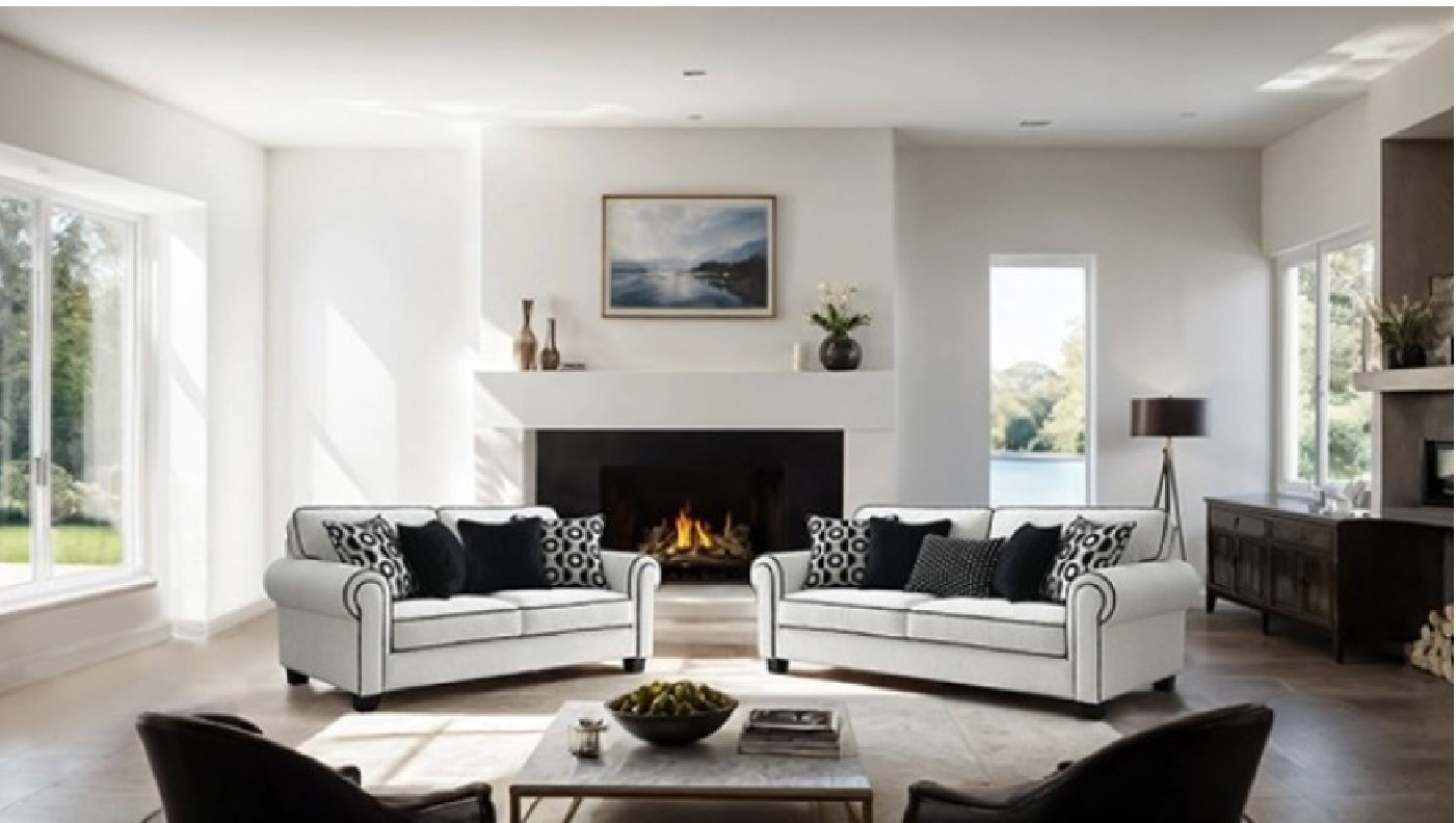 FM61007 Transitional Style Sofa & Loveseat White/Black chenille Viviani Collection By Furniture of America