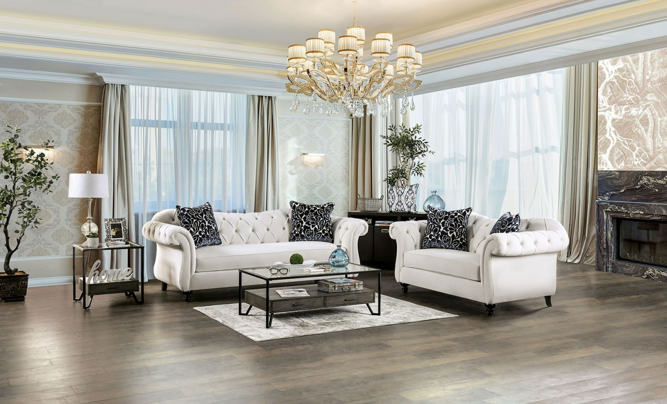 SM2228 Contemporary Style Sofa & Loveseat White Velvet Antoinette Collection By Furniture of America