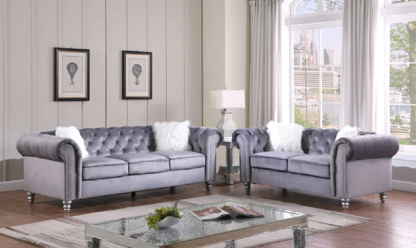 SF3512 Contemporary Style Sofa & Loveseat Gray Velvet By McFerran Furnishings