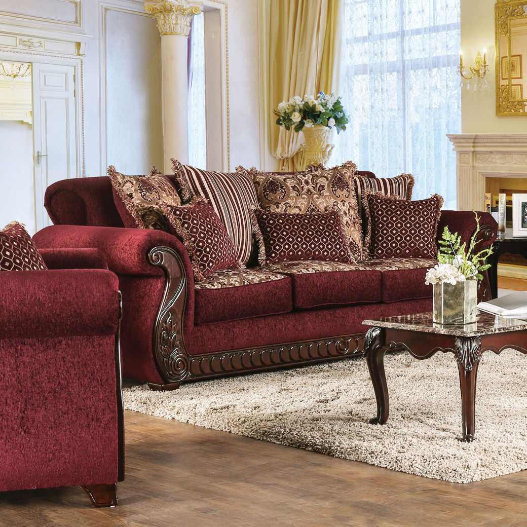 SM6110 Traditional Style 2PC Sofa & Loveseat Cherry / Burdundy Fabric Tabitha Collection by Furniture of America