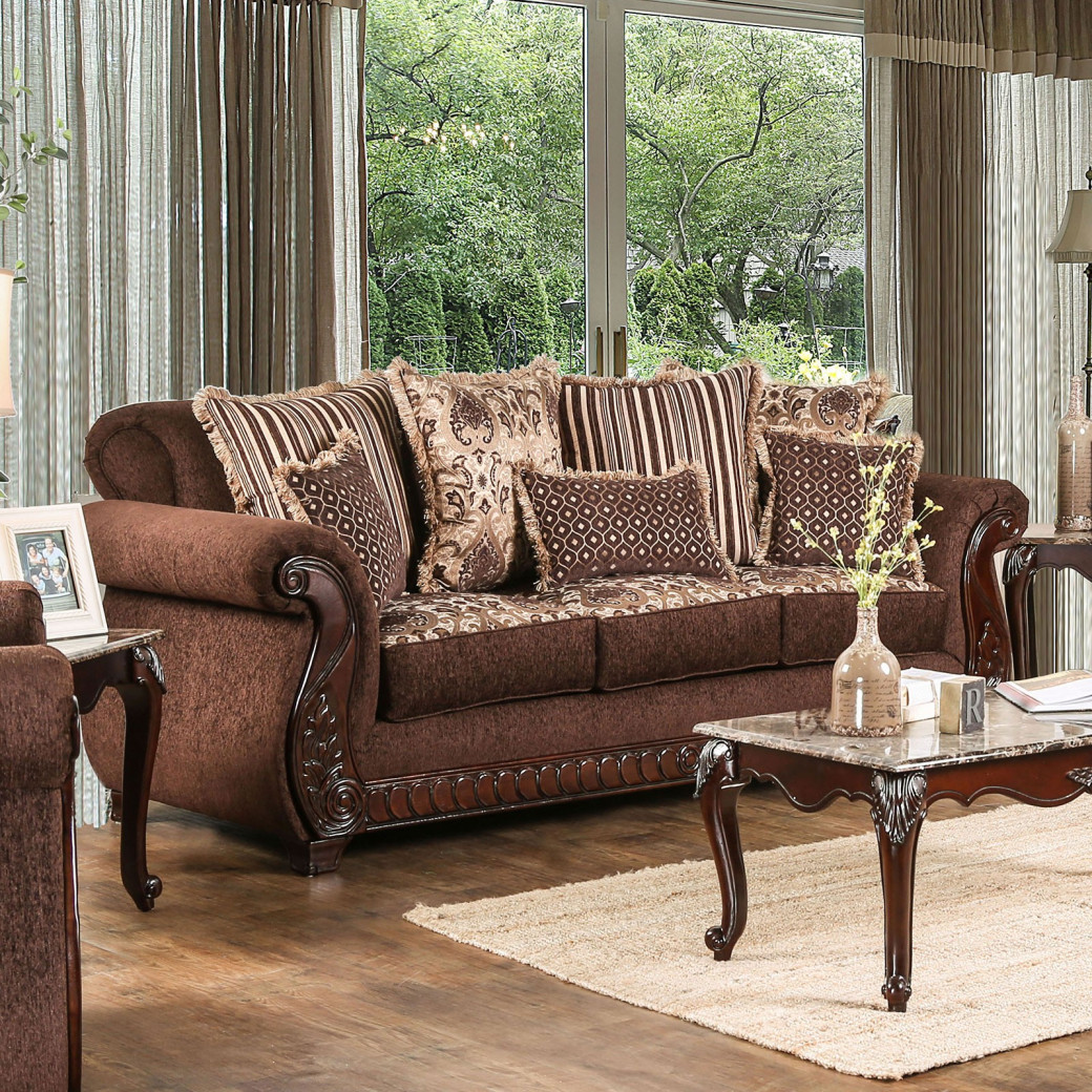 SM6109 Traditional Style 2PC Sofa & Loveseat Cherry / Brown Fabric Tabitha Collection by Furniture of America