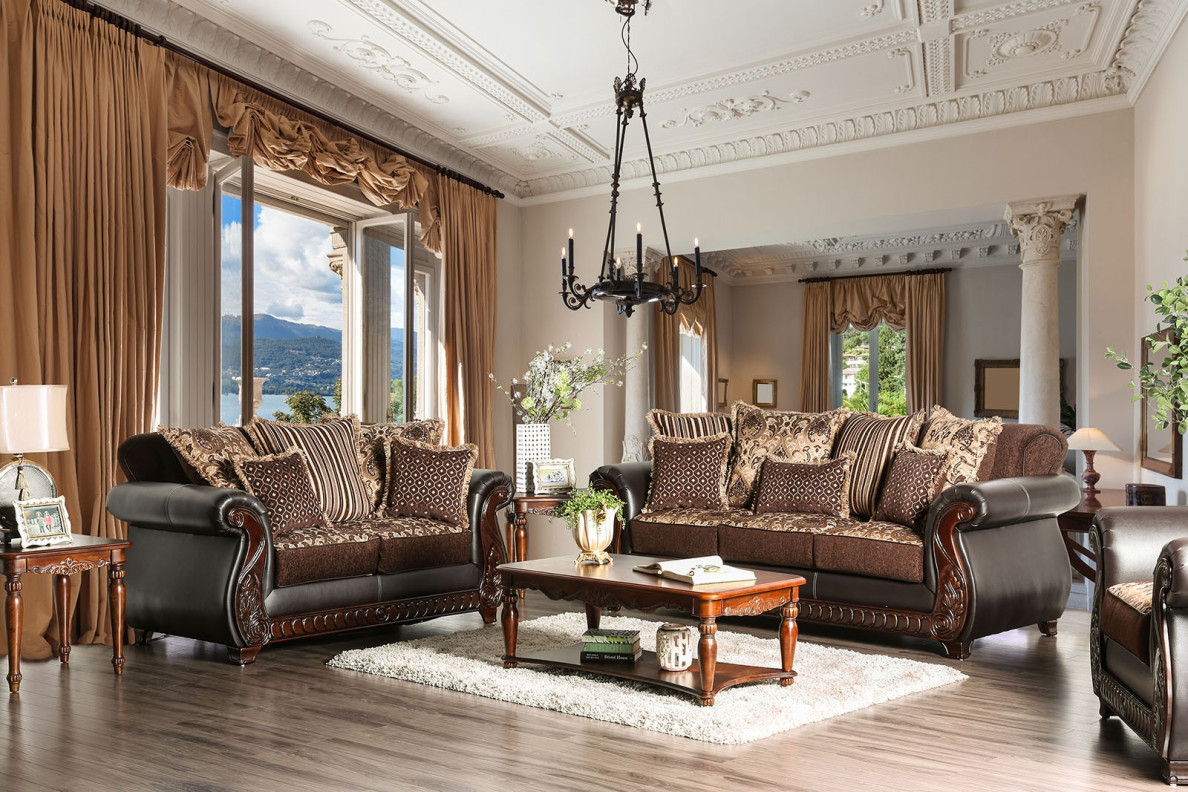 SM6106 Traditional Style 2PC Sofa & Loveseat Cherry / Brown Fabric Tabitha Collection by Furniture of America