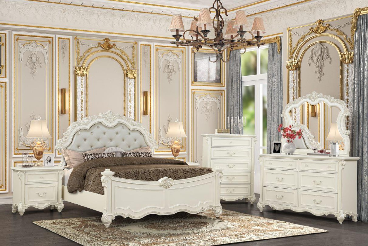 Melrose White Queen Bed Traditional Style Collection By Cosmos Furniture, image size:1557x1040