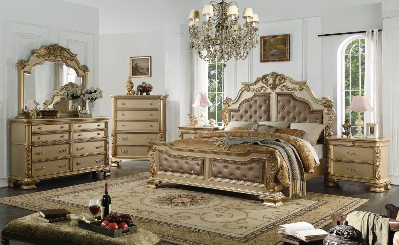 Miranda Gold Queen Bed Traditional Style Collection By Cosmos Furniture