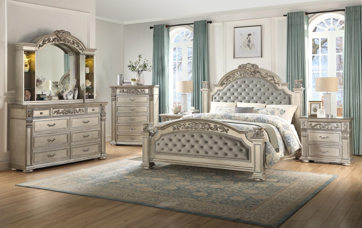 Platinum Silver Queen Bed Traditional Style Collection By Cosmos Furniture