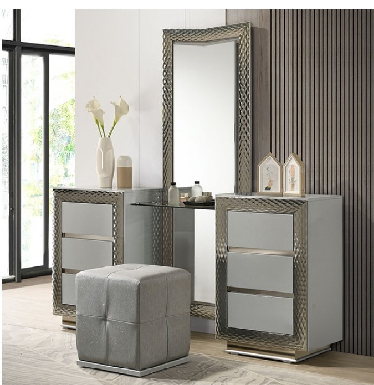 FM7251GY-V-SET Vanity Set Satin Fabric, Solid Wood Ventor Collection by Furniture of America