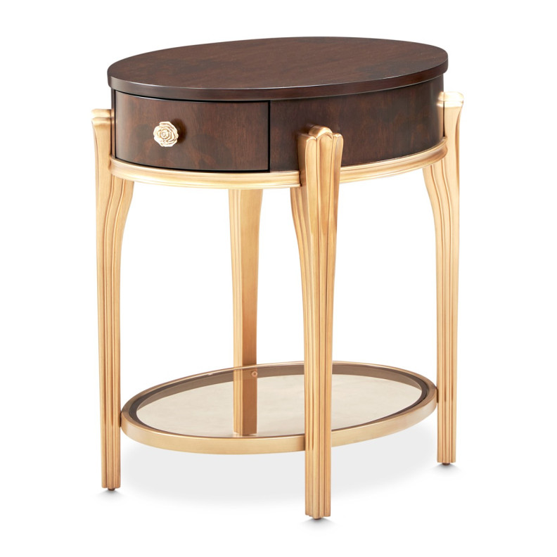 Round End Table w/Drawer Warm Pecan Camellia Field Collection By Michael Amini 9090202-400