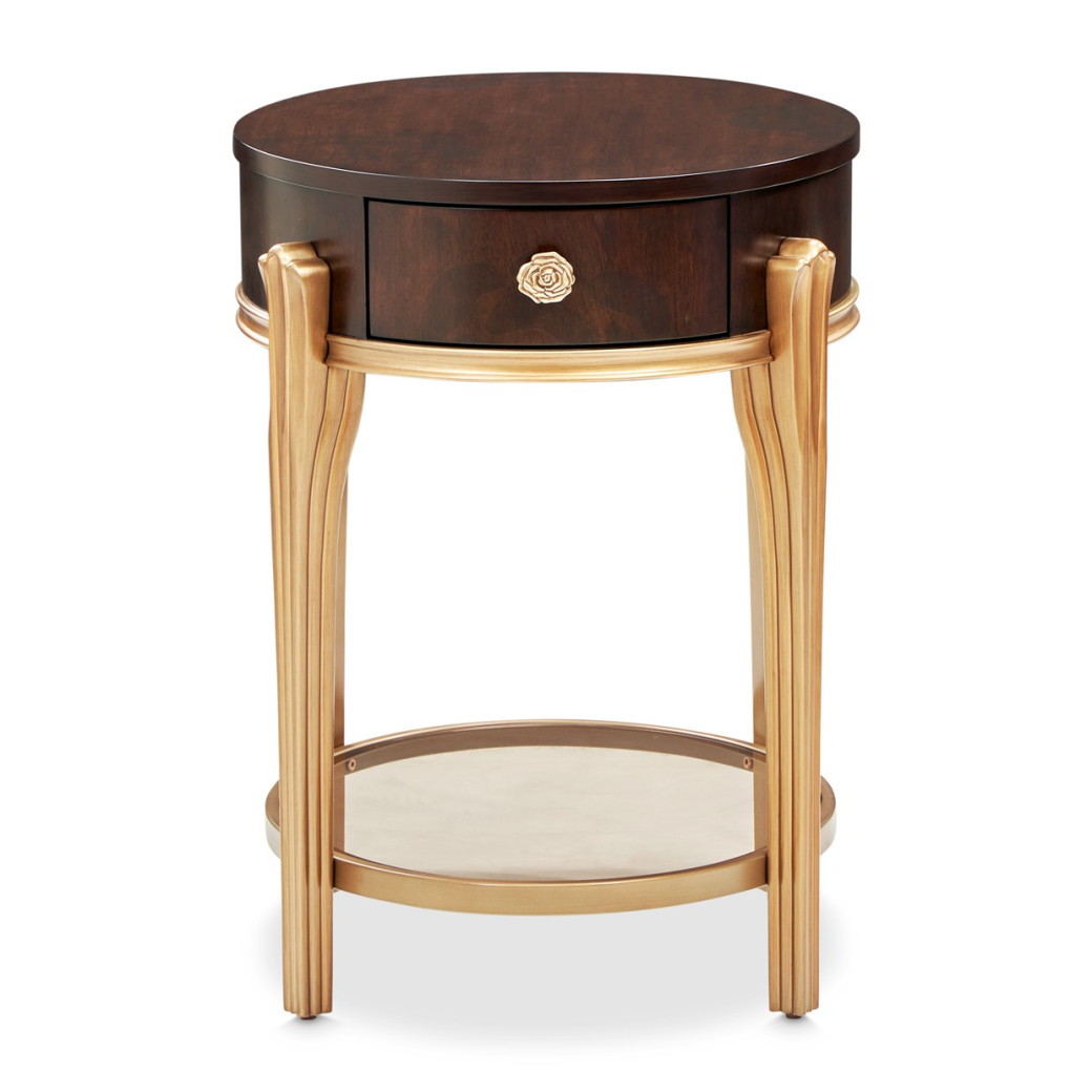 Round End Table w/Drawer Warm Pecan Camellia Field Collection By Michael Amini 9090202-400