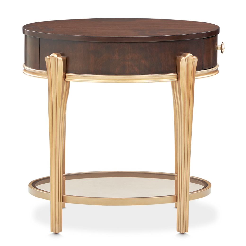 Round End Table w/Drawer Warm Pecan Camellia Field Collection By Michael Amini 9090202-400