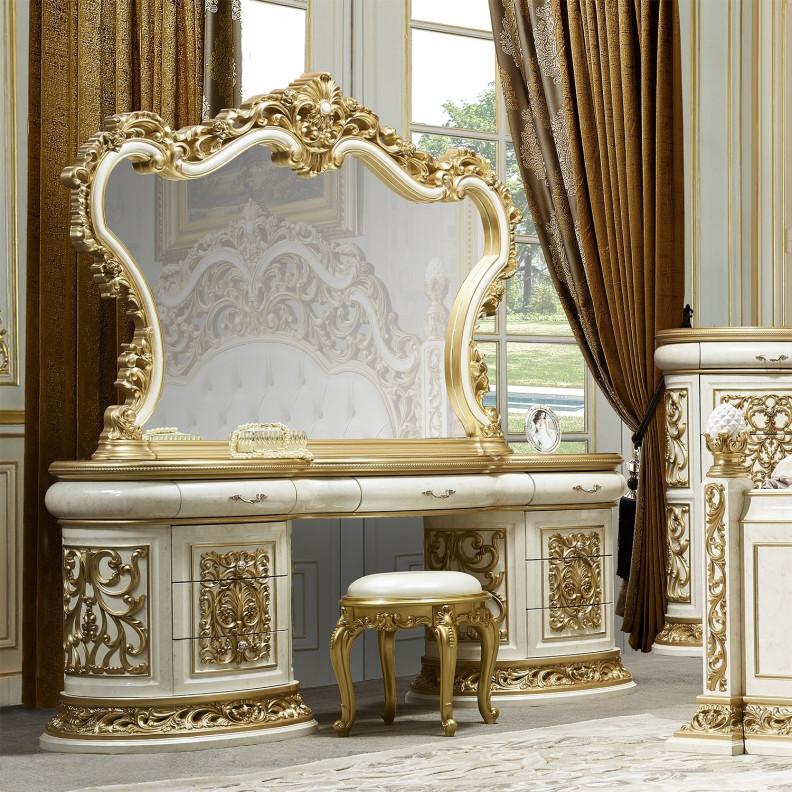 HD 903 Homey Design Antique White & Gold Vanity Dresser & Mirror Victorian Style