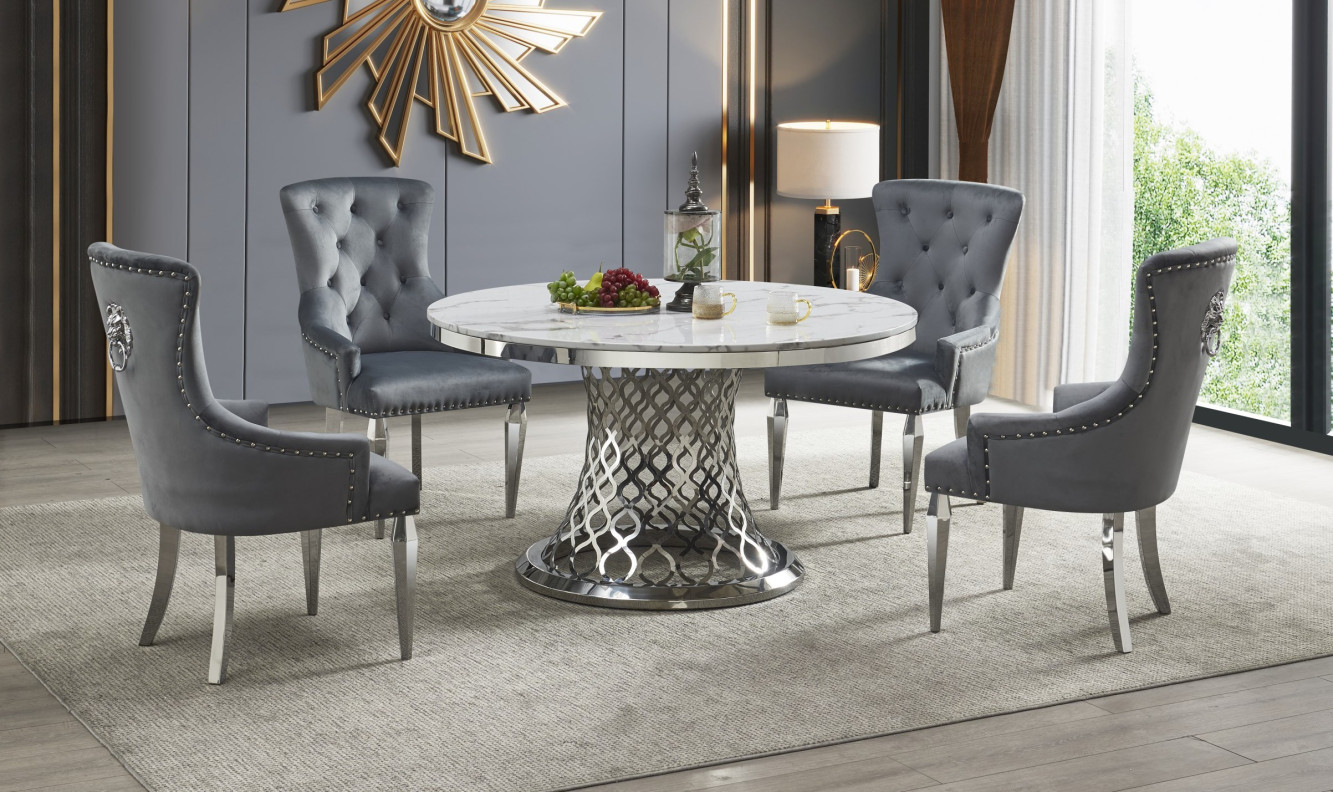 D1012 5PC Dining Set faux marble top with chrome trim base By Mc Ferran Furnishing