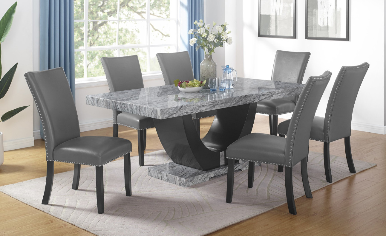 D6050 7PC Dining set Faux Gray Marble Top Table By Mc Ferran Furnishings