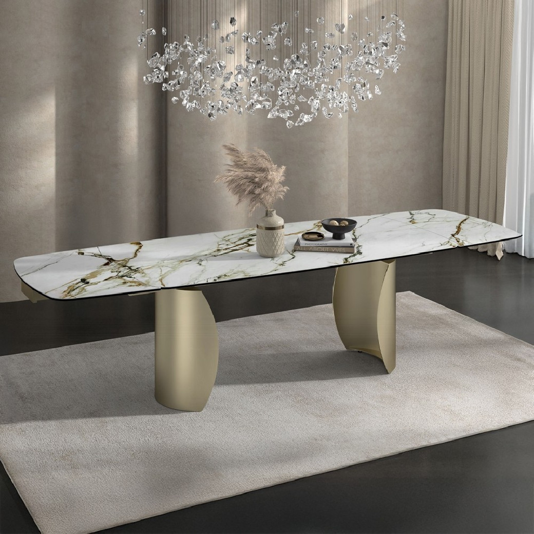 DN04295 7PC Dining Set Modern Style Ceramic Top & Golden Champagne Finish by Acme Furniture