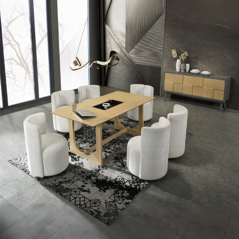 DN02865 7PC Dining Set Modern Style White Chenille & Natural Finish by Acme Furniture