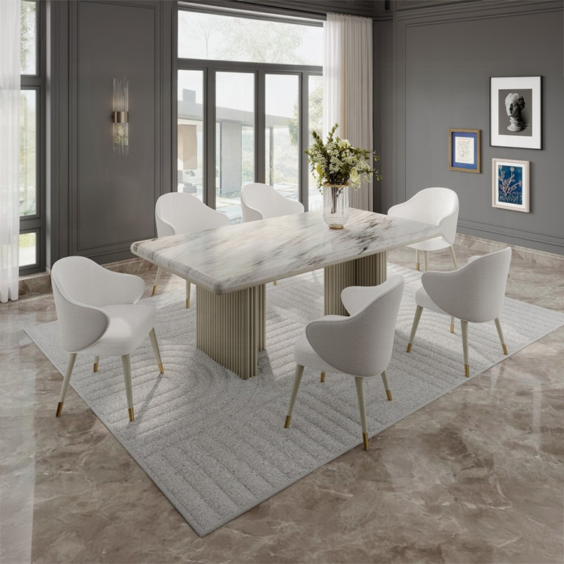 DN03085 7PC Dining set Mid- Century Modern Style Natural Marble Top & Gray Oak Finish Charity Collection By Acme Furniture
