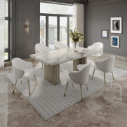 DN03085 7PC Dining set Mid- Century Modern Style Natural Marble Top & Gray Oak Finish Charity Collection By Acme Furniture