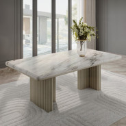 DN03085 7PC Dining set Mid- Century Modern Style Natural Marble Top & Gray Oak Finish Charity Collection By Acme Furniture