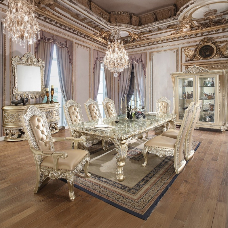 DN00467 7PC Dining Set Champagne Silver Finish Victorian Style Vatican Collection by Acme Furniture