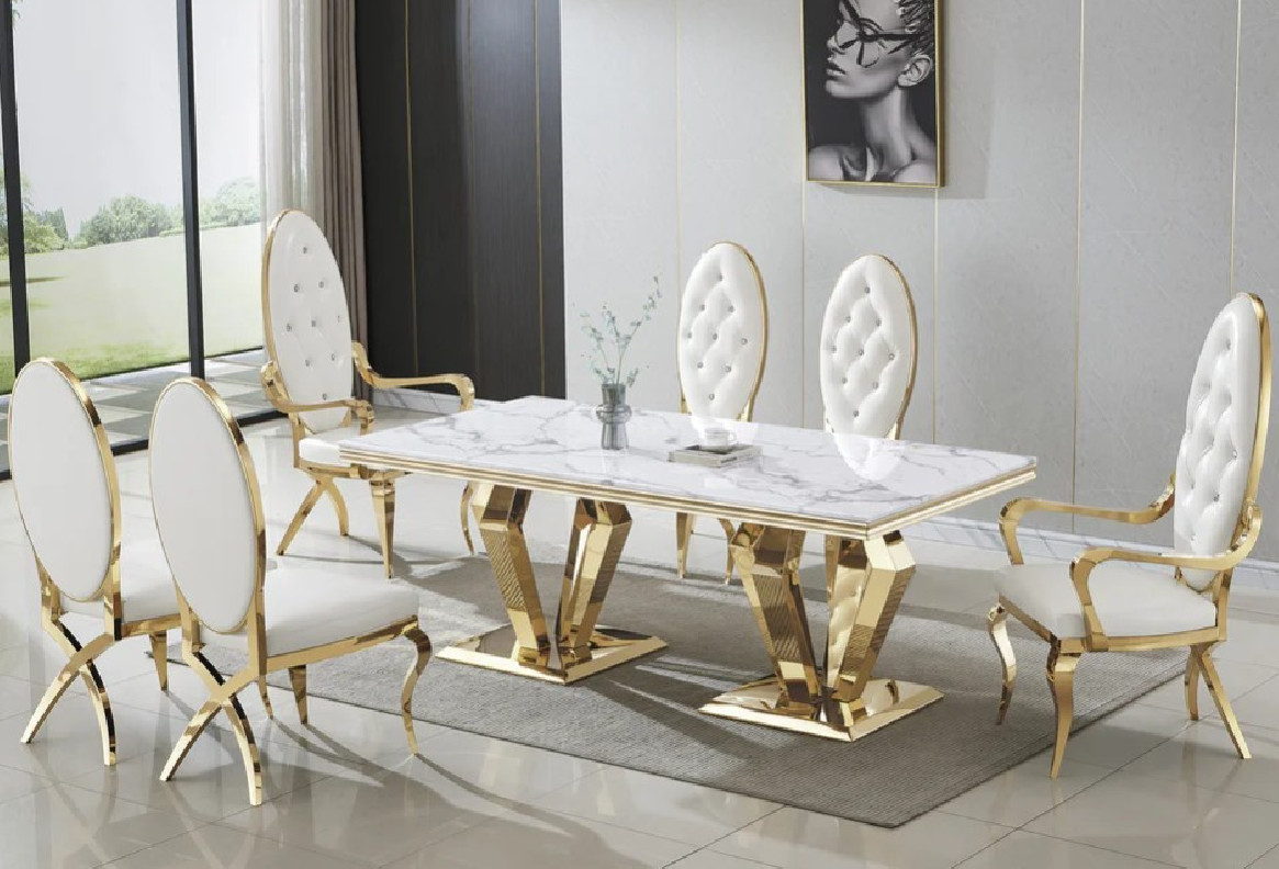 RDT308GM 7PC Dining Set Modern Style White Marble Top Stainless Steel & Gold Finish by Artisan Furniture