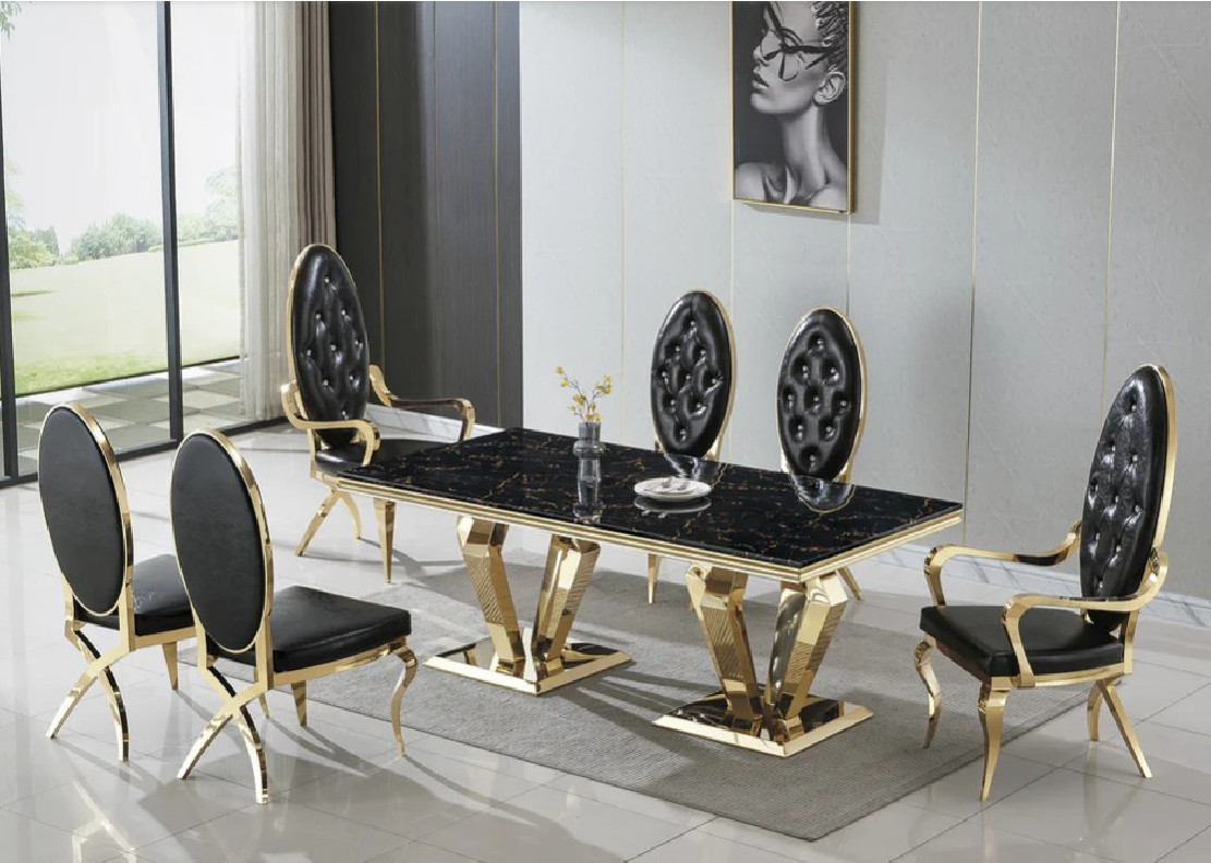 RDT308GMB 7PC Dining Set Modern Style Black Marble Top Stainless Steel & Gold Finish by Artisan Furniture