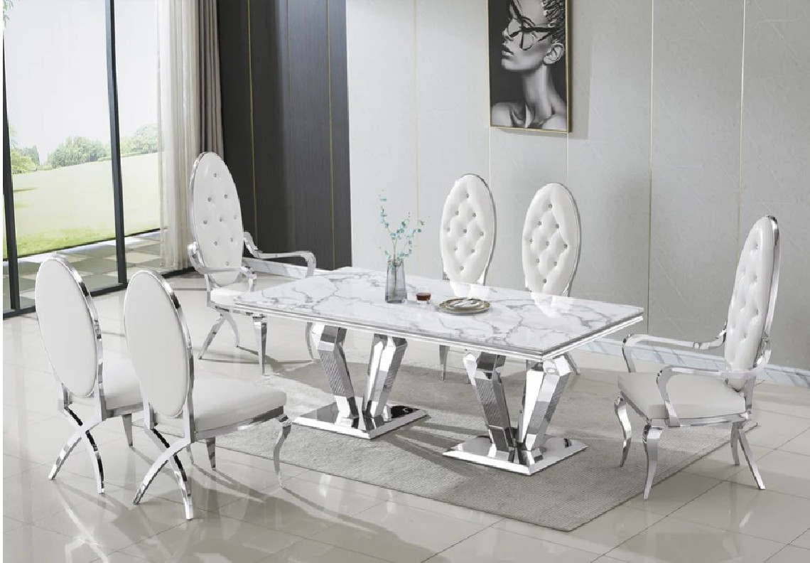 RDT308SMW 7PC Dining Set Modern Style White Marble Top Stainless Steel & Silver Finish by Artisan Furniture