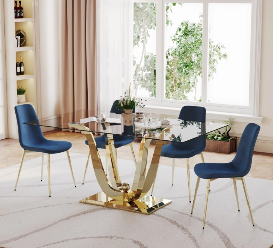 DT033G 5PC Dining Set Tempered Glass Top & Gold Finish by Artisan Furniture
