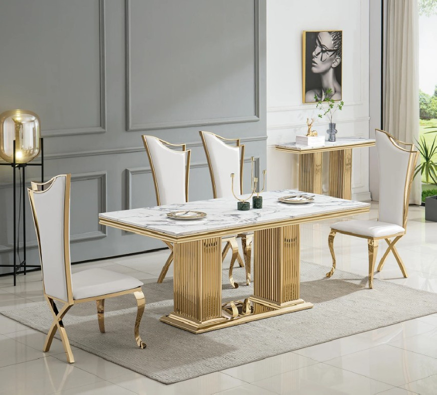 DT301GM 7PC Dining Set Modern Style White Marble Top Stainless Steel & Gold Finish by Artisan Furniture
