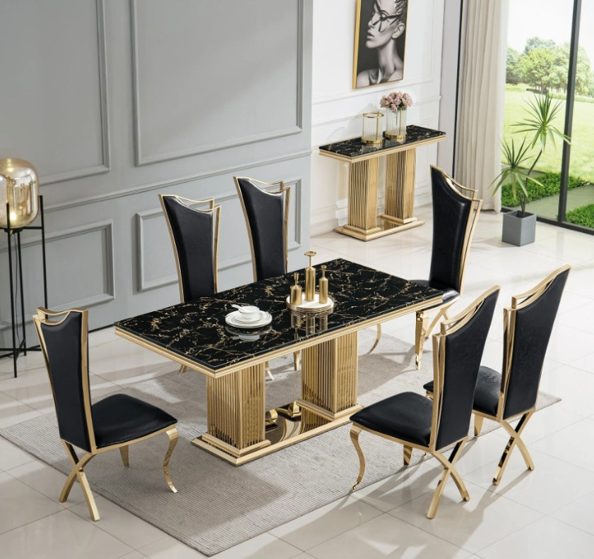 DT301GMB 7PC Dining Set Modern Style Black Marble Top Stainless Steel & Gold Finish by Artisan Furniture