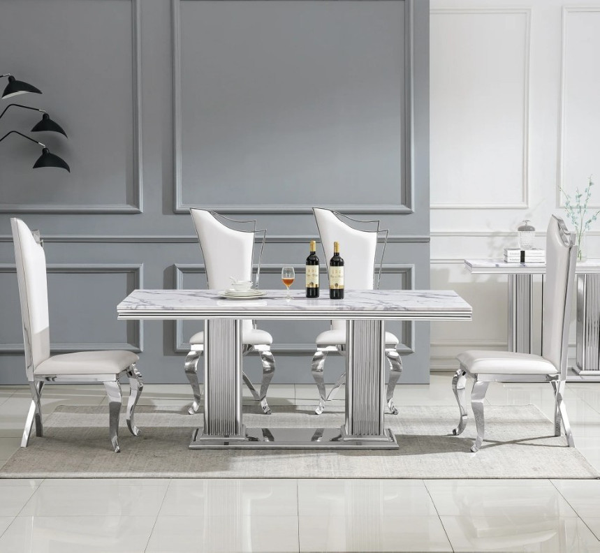 DT301SM 7PC Dining Set Modern Style White Marble Top Stainless Steel & Silver Finish by Artisan Furniture