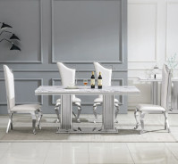 DT301SM 7PC Dining Set Modern Style White Marble Top Stainless Steel & Silver Finish by Artisan Furniture