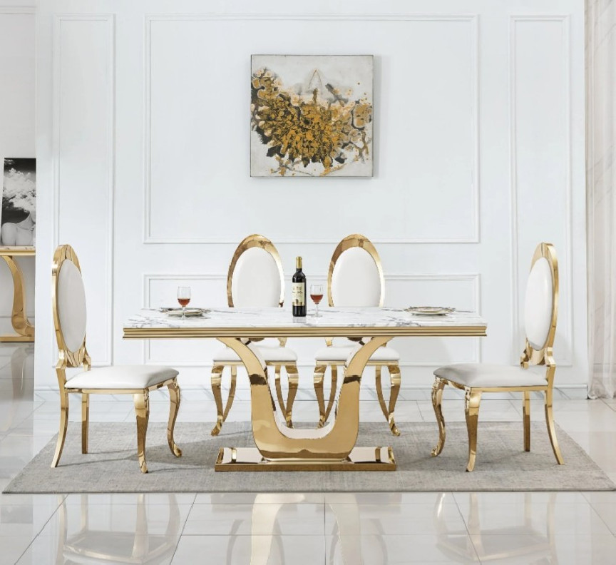 DT3102 7PC Dining Set Modern Style White Marble Top Stainless Steel & Gold Finish by Artisan Furniture