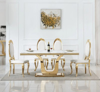 DT3102 7PC Dining Set Modern Style White Marble Top Stainless Steel & Gold Finish by Artisan Furniture