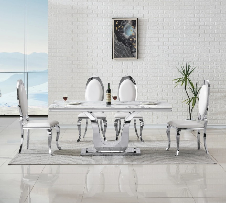 DT3102SMW 7PC Dining Set Modern Style White Marble Top Stainless Steel & Silver Finish by Artisan Furniture