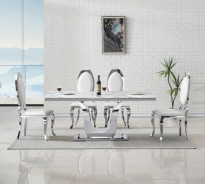 DT3102SMW 7PC Dining Set Modern Style White Marble Top Stainless Steel & Silver Finish by Artisan Furniture