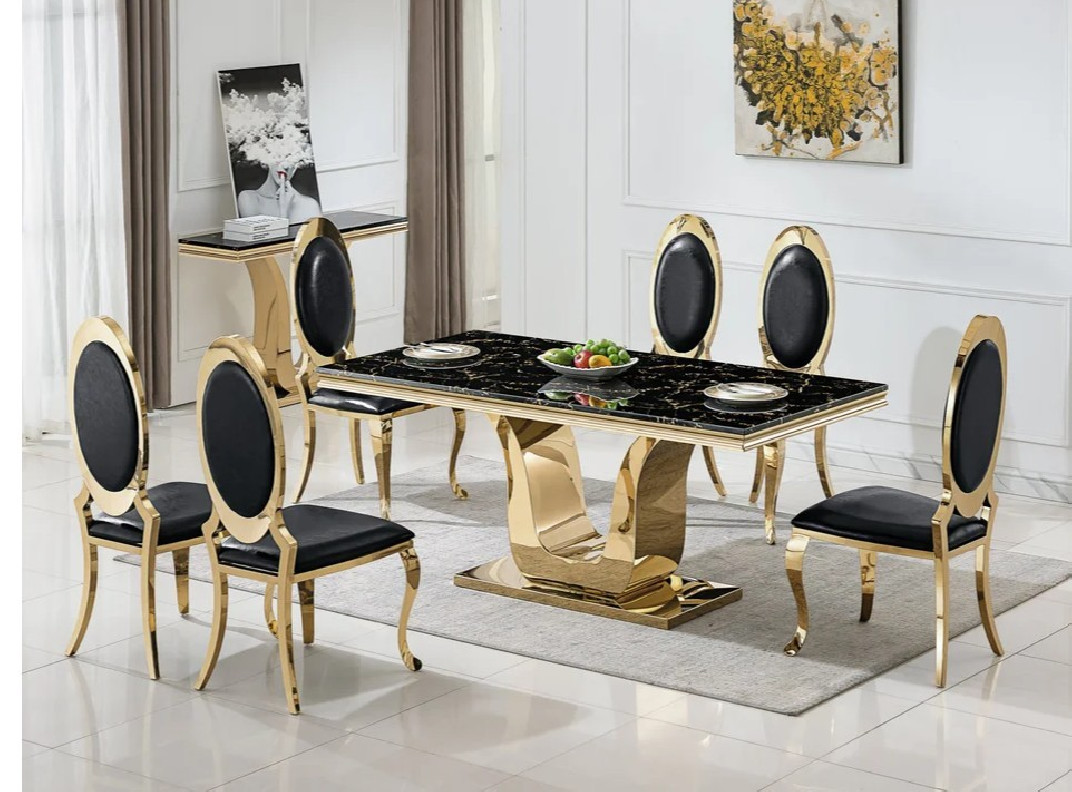 DT3102GMB 7PC Dining Set Modern Style Black Marble Top Stainless Steel & Gold Finish by Artisan Furniture