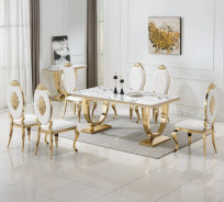 DT317 7PC Dining Set Modern Style White Marble Top Stainless Steel & Gold Finish by Artisan Furniture