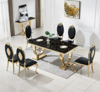 DT317 7PC Dining Set Modern Style Black Marble Top Stainless Steel & Gold Finish by Artisan Furniture