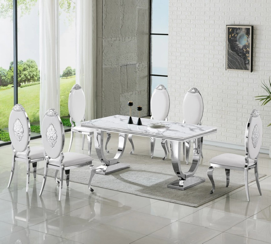 DT317SMW 7PC Dining Set Modern Style White Marble Top Stainless Steel & Silver Finish by Artisan Furniture