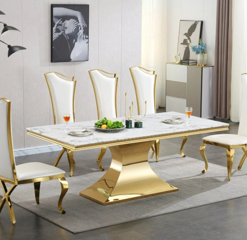 RDT335GM 7PC Dining Set Modern Style White Marble Top Stainless Steel & Gold Finish by Artisan Furniture