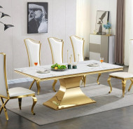 RDT335GM 7PC Dining Set Modern Style White Marble Top Stainless Steel & Gold Finish by Artisan Furniture