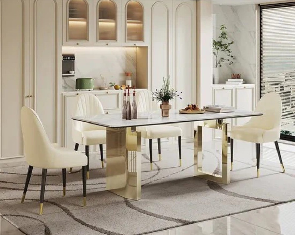DT511GW 7PC Dining Set Modern Style White Rock Table Top  Stainless Steel Gold Finish by Artisan Furniture