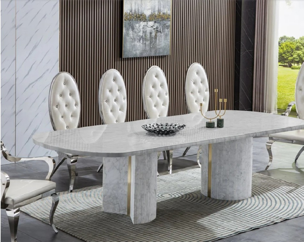 RDT305GMW 7PC Dining Table Italian Carrara White Marble Top By Artisan Furniture