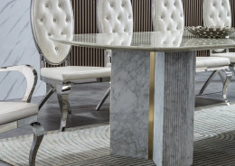 RDT305GMW 7PC Dining Table Italian Carrara White Marble Top By Artisan Furniture