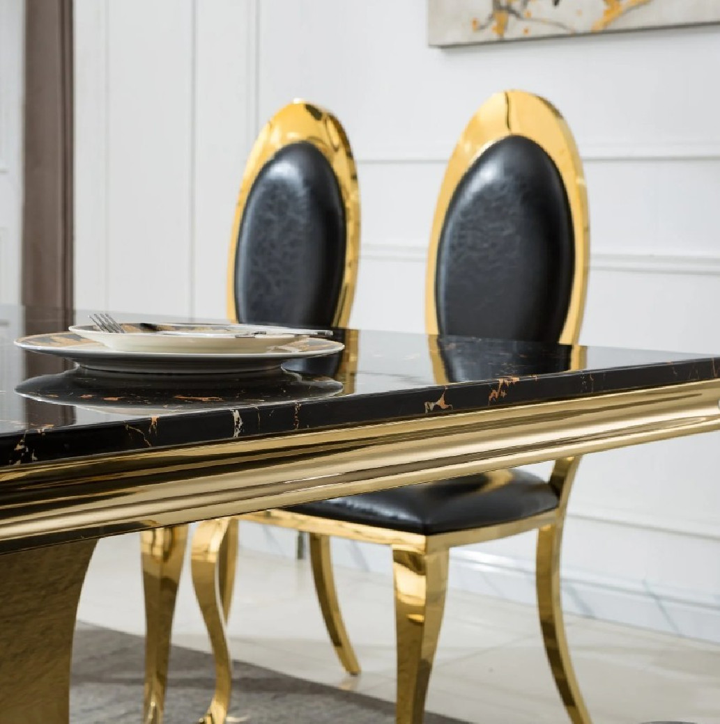 DT3102GMB 7PC Dining Set Modern Style Black Marble Top Stainless Steel & Gold Finish by Artisan Furniture