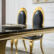 DT3102GMB 7PC Dining Set Modern Style Black Marble Top Stainless Steel & Gold Finish by Artisan Furniture