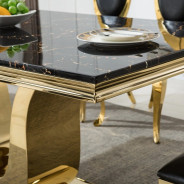 DT3102GMB 7PC Dining Set Modern Style Black Marble Top Stainless Steel & Gold Finish by Artisan Furniture