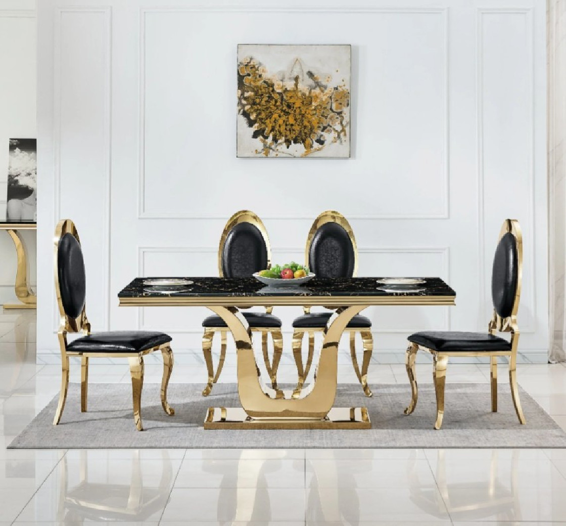 DT3102GMB 7PC Dining Set Modern Style Black Marble Top Stainless Steel & Gold Finish by Artisan Furniture