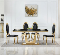 DT3102GMB 7PC Dining Set Modern Style Black Marble Top Stainless Steel & Gold Finish by Artisan Furniture