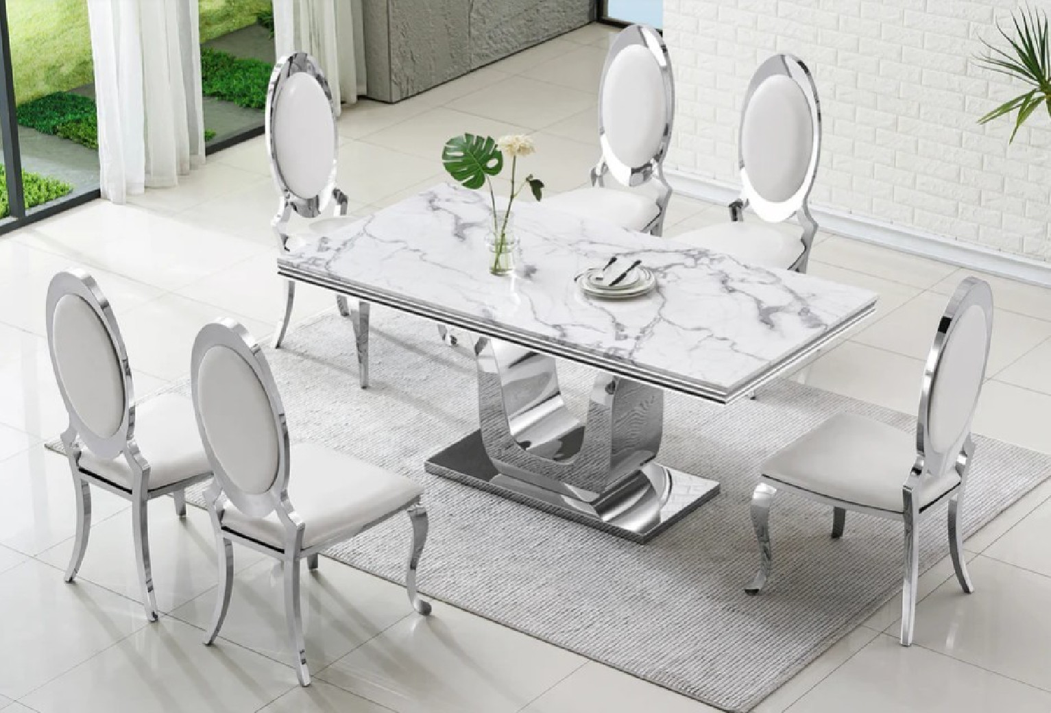 DT3102SMW 7PC Dining Set Modern Style White Marble Top Stainless Steel & Silver Finish by Artisan Furniture