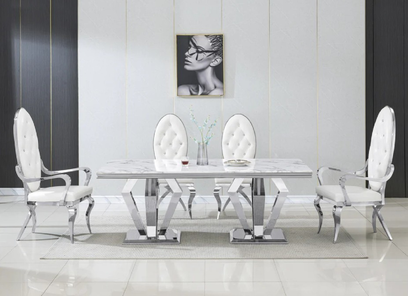 RDT308SMW 7PC Dining Set Modern Style White Marble Top Stainless Steel & Silver Finish by Artisan Furniture